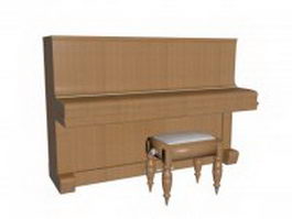 Upright piano and stool 3d preview