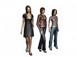Three young women dress casually 3d model preview