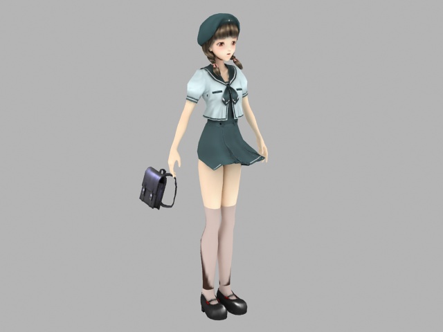 Anime school girl with handbag 3d rendering