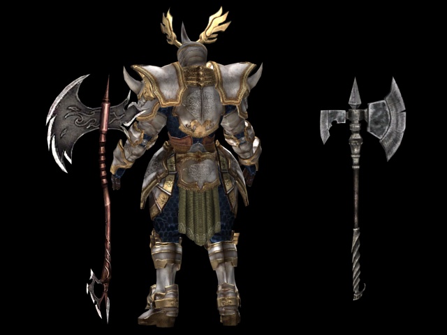 Armored warrior with battle axe 3d rendering