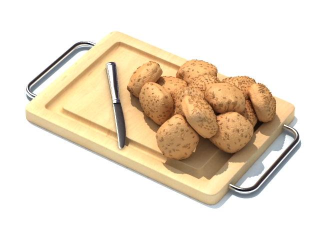 Cutting board with potato and knife 3d rendering
