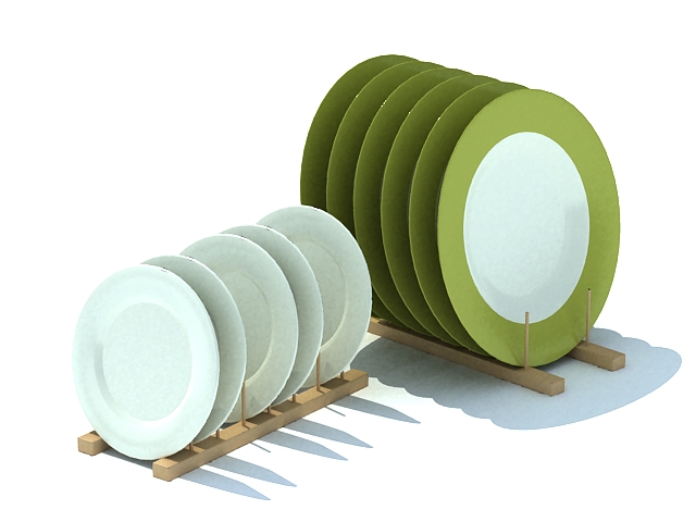 Wooden dish racks and plates 3d rendering