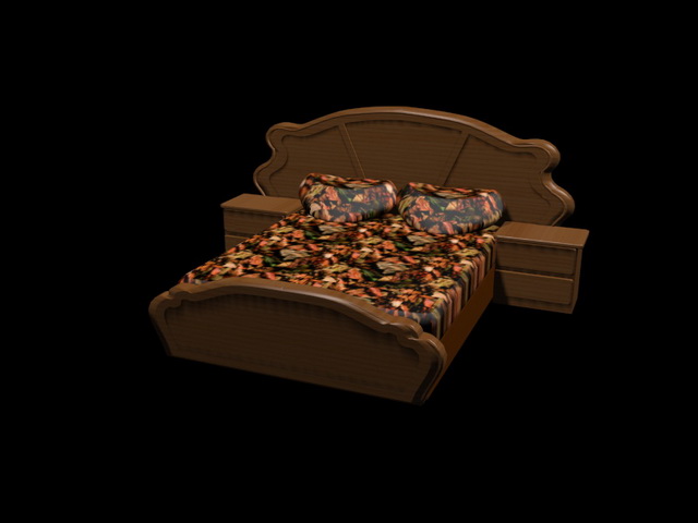 Rustic wood bed and nightstands 3d rendering