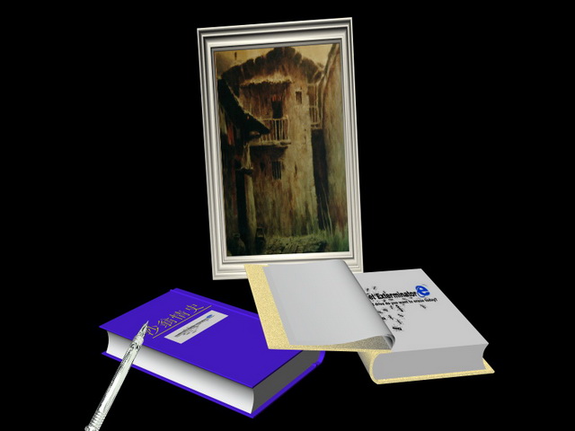 Books and photo frame 3d rendering
