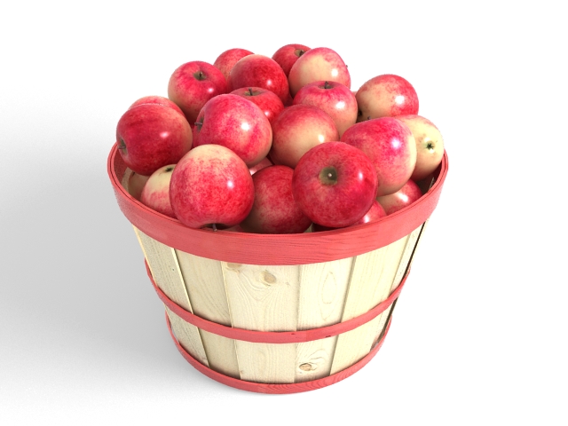 Wooden basket of apples 3d rendering