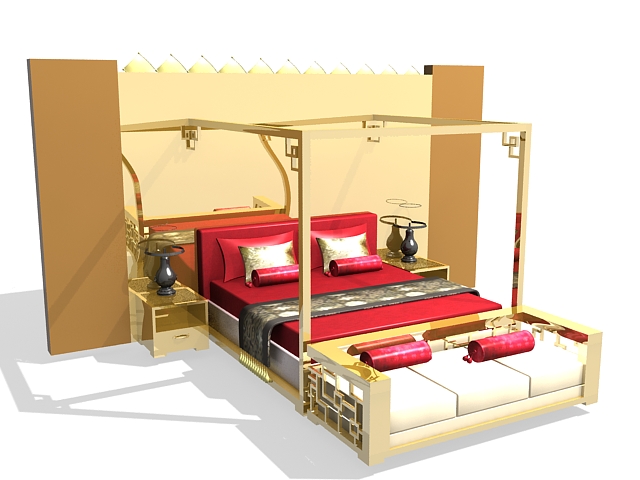 Four-poster bed with headboard 3d rendering