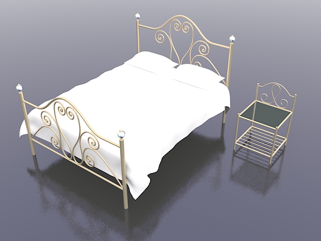 Brass bed with nightstand 3d rendering