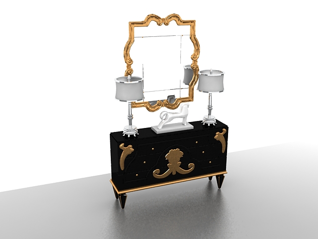 Vintage vanity table with mirror and lights 3d rendering