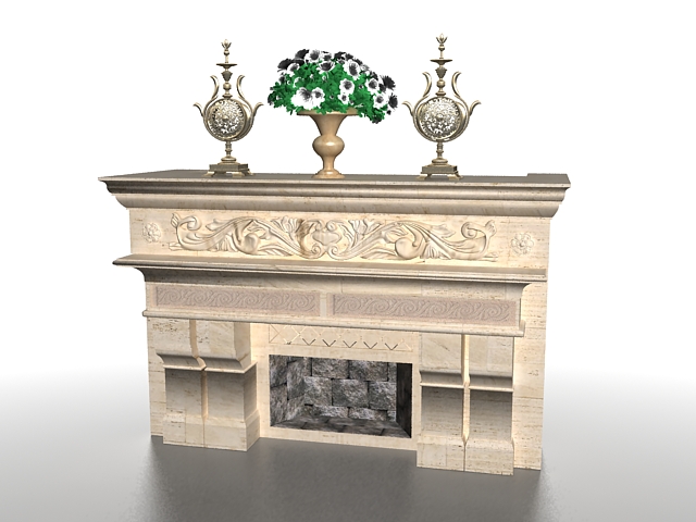Fireplace with mantel ornament 3d rendering