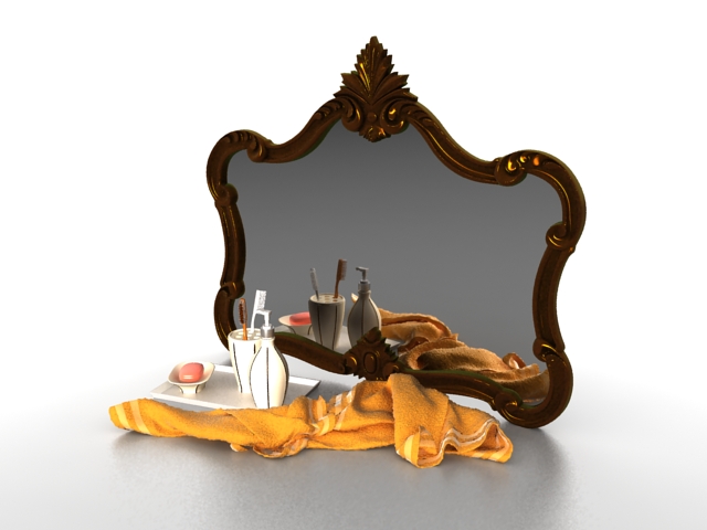 Bathroom accessories set with mirror and towel 3d rendering