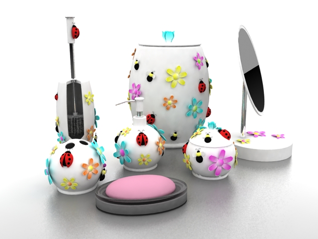 Sweet girls bathroom accessories sets 3d rendering