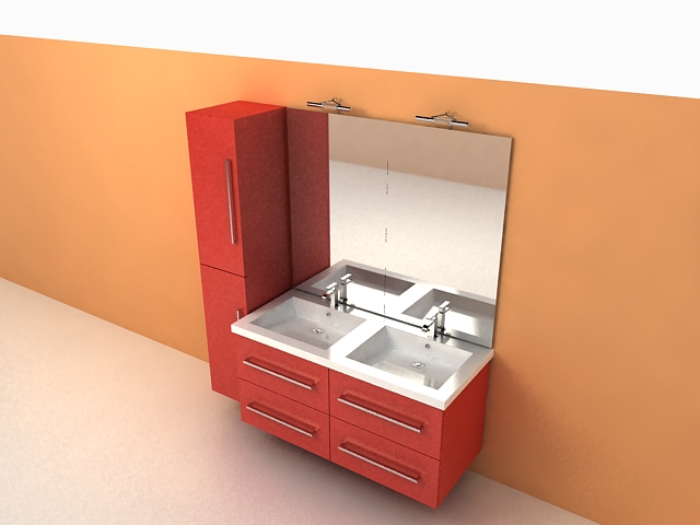 Red bathroom vanity cabinets 3d rendering