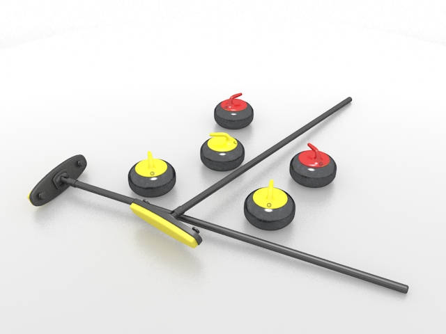 Curling stones and brooms 3d rendering