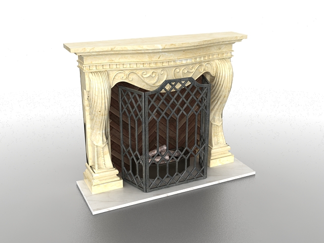 Fireplace with fire screen 3d rendering