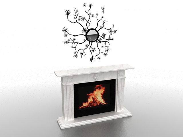 White fireplace with wall decoration 3d rendering