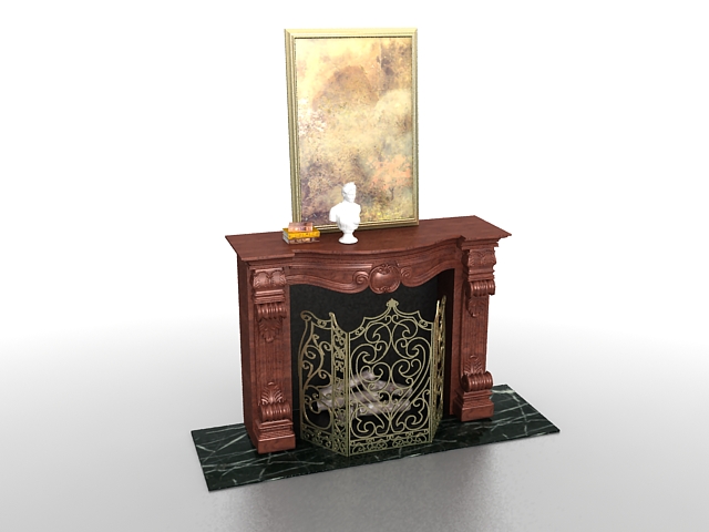 Brown fireplace and decorative painting 3d rendering