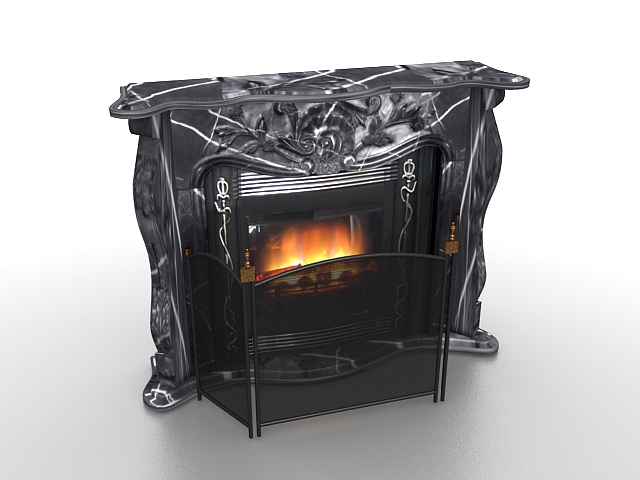 Black marble fireplace with screen 3d rendering