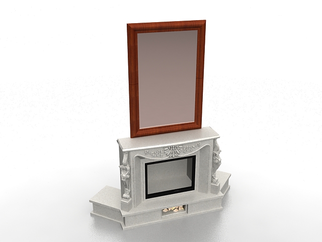 Fireplace with mirror above 3d rendering