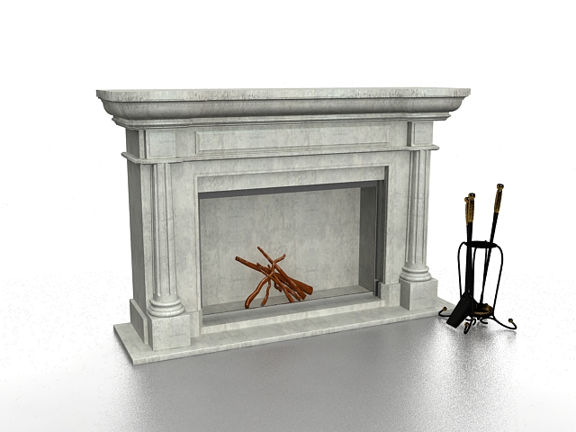 Concrete fireplace with tools 3d rendering