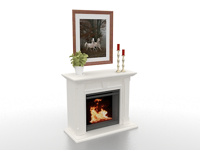 White fireplace with decorations 3d rendering
