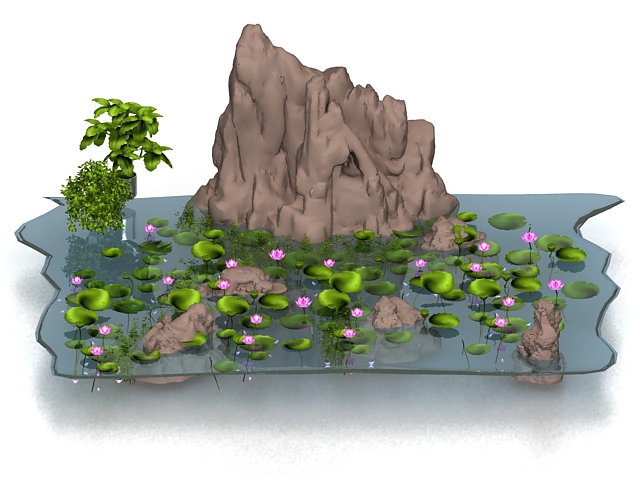 Lotus pond and rockery 3d rendering