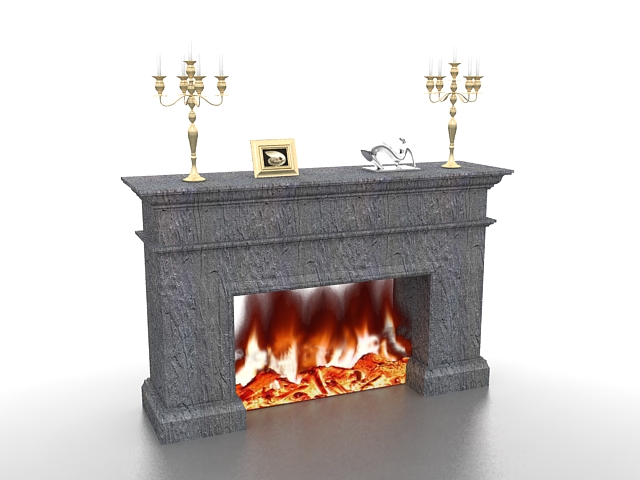 Fireplace and candlesticks 3d rendering