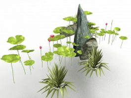 Pond lotus flower and rockery 3d model preview