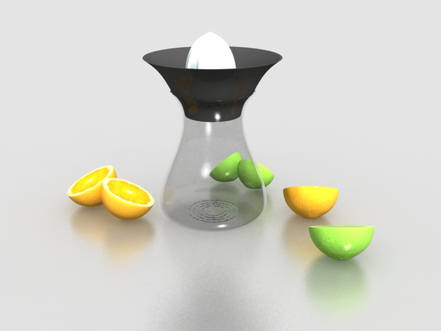 Glass hand juicer with orange and lemon 3d rendering