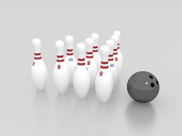 Bowling pins and ball 3d rendering