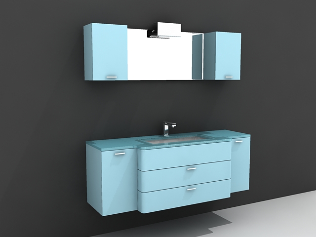 Blue bathroom vanity with matching wall cabinet 3d rendering