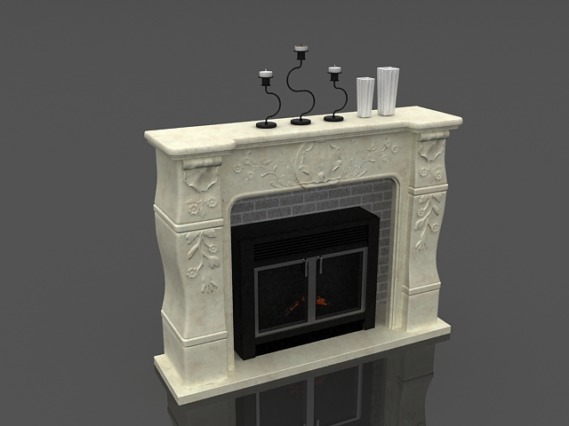 White fireplace with mantel decorations 3d rendering