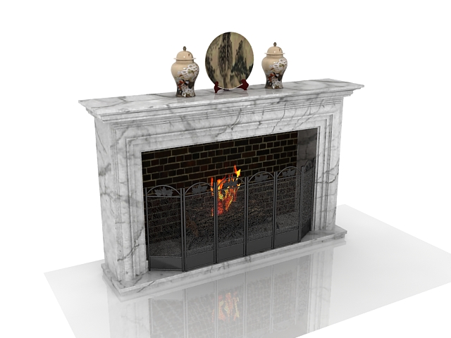 White fireplace with decorations 3d rendering