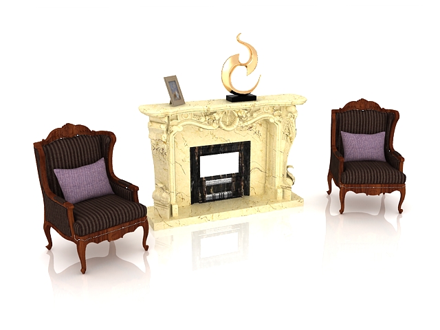 Living room fireplace and chairs 3d rendering