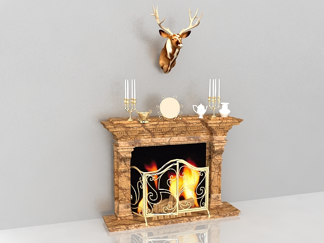 Decorating fireplace mantels with deer head 3d rendering