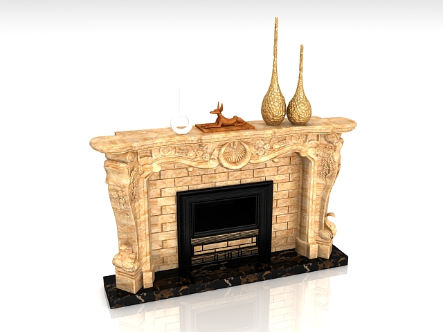 Carved fireplace mantel decorating designs 3d rendering
