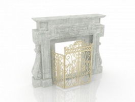 Stone fireplace mantels with fire screen 3d preview
