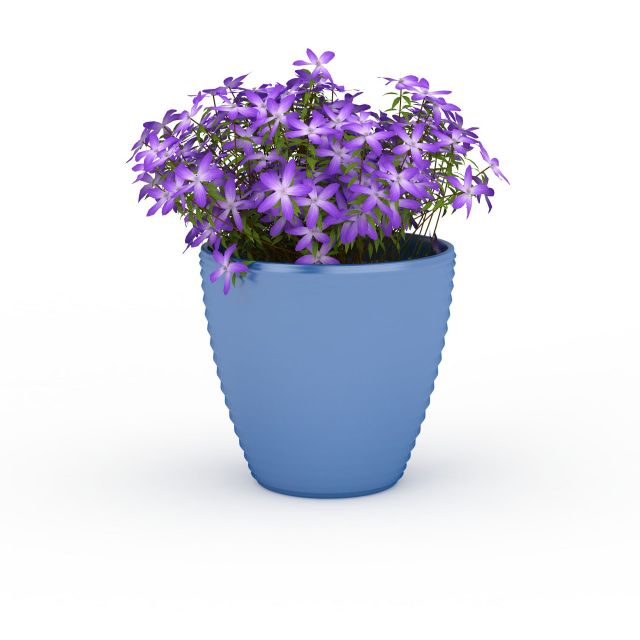 Blue ceramic planter pot purple flowers 3d rendering