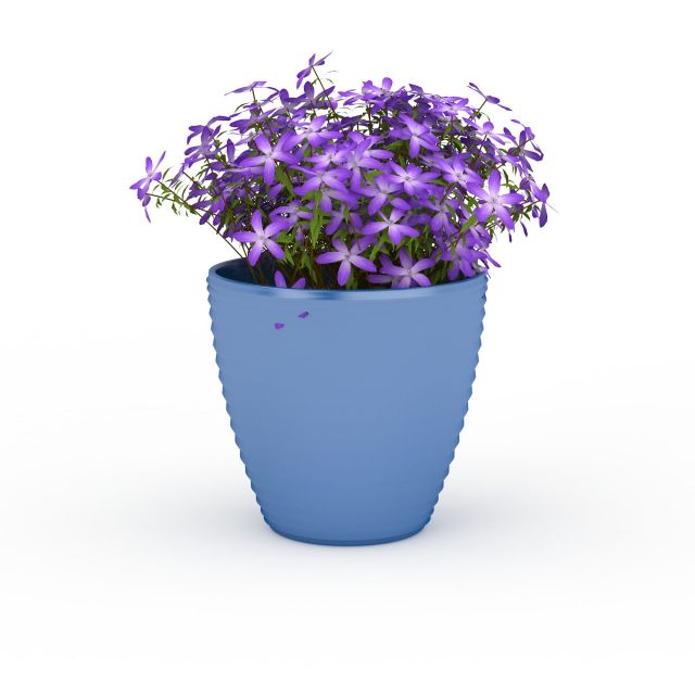 Blue ceramic planter pot purple flowers 3d rendering