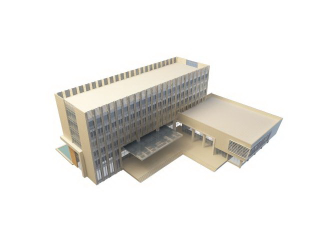 Hotel building with swimming pool 3d rendering