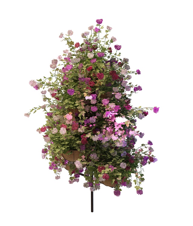Outdoor metal flower stand with plants 3d rendering