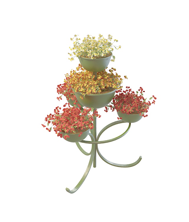 Metal plant stand with decorative flowers 3d rendering