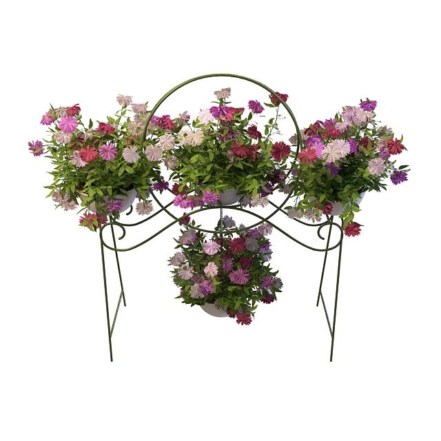 Metal planter stand with flowers 3d rendering