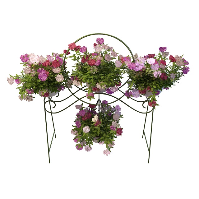 Metal planter stand with flowers 3d rendering