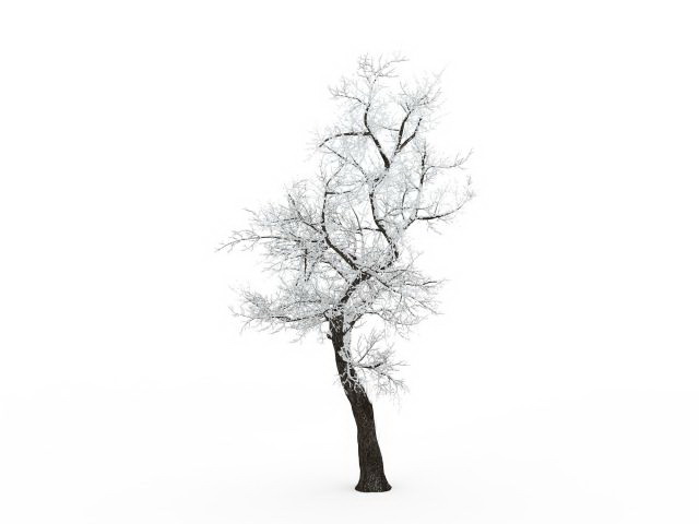 Leaning tree in snow 3d rendering