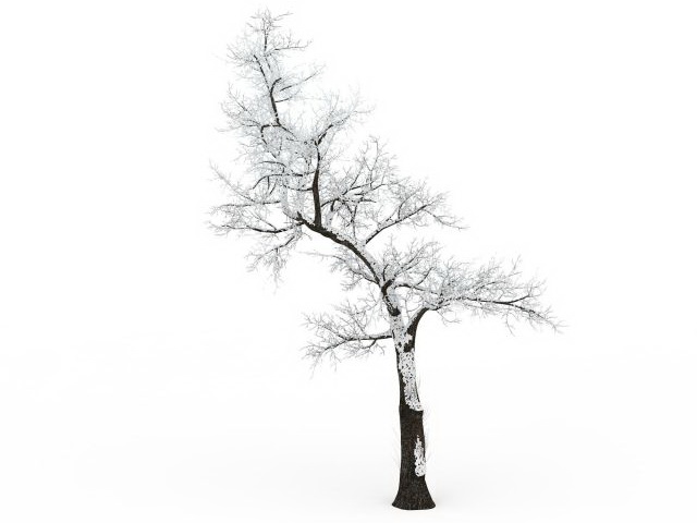 Leaning tree in snow 3d rendering