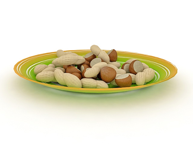 Chestnuts and peanuts on plate 3d rendering