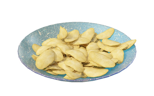 Potato chips on plate 3d rendering