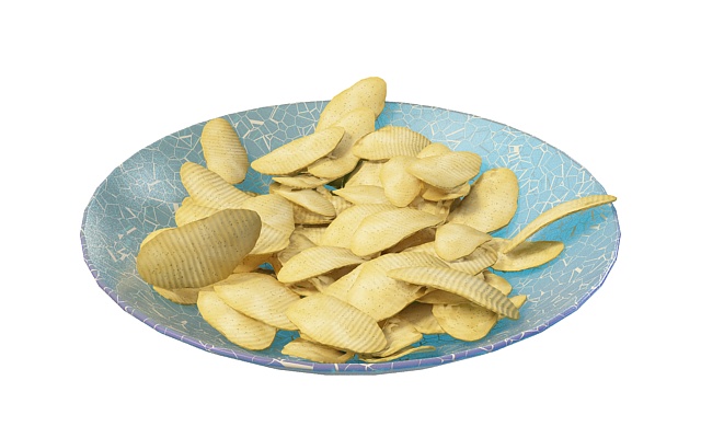 Potato chips on plate 3d rendering