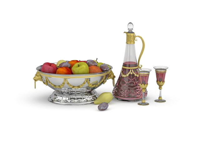 Bottle of wine and fruit bowl 3d rendering