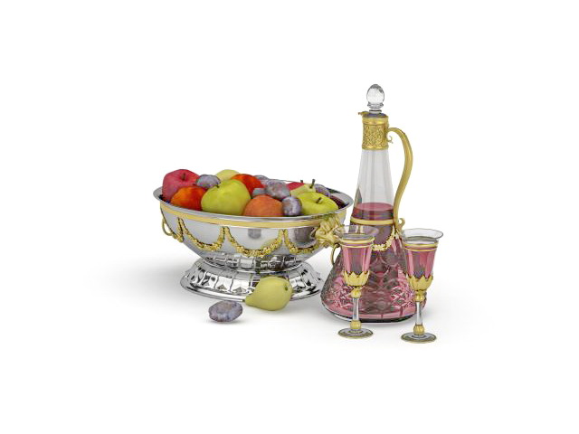 Bottle of wine and fruit bowl 3d rendering